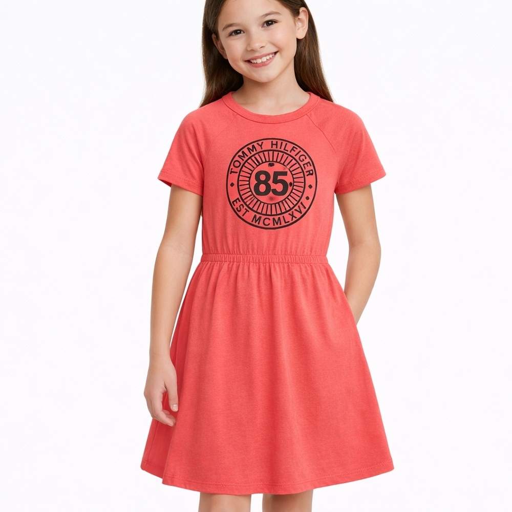 Tommy Hilfiger Girls M (8–10) Coral Logo Dress Preppy Sporty Chic